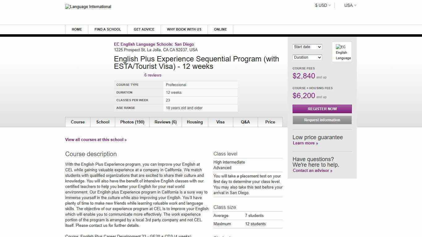 English Plus Experience Sequential Program (with ESTA/Tourist Visa) - 12 weeks - EC English Language Schools: San Diego | Language International