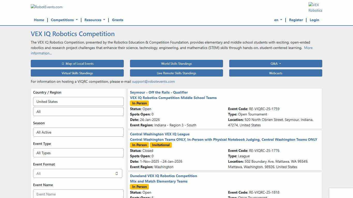 VEX IQ Robotics Competition : Robot Events