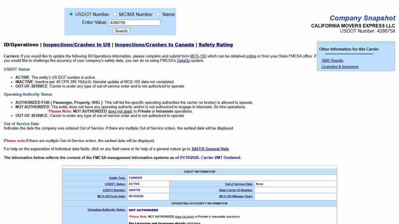 SAFER Web - Company Snapshot CALIFORNIA MOVERS EXPRESS LLC